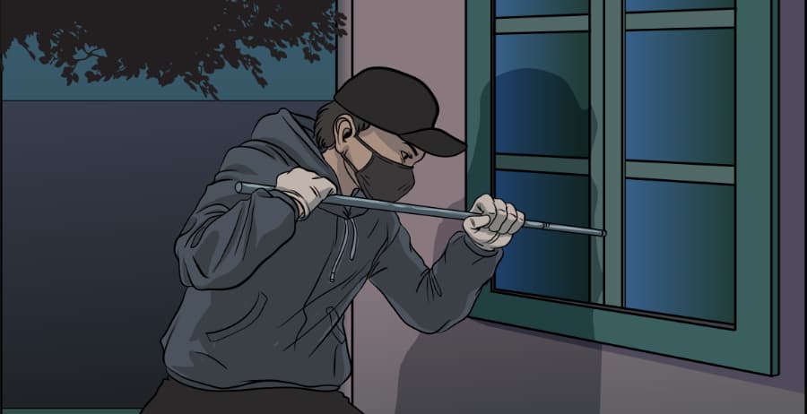 Illustration of burglar forcing entry through a window in Charleston